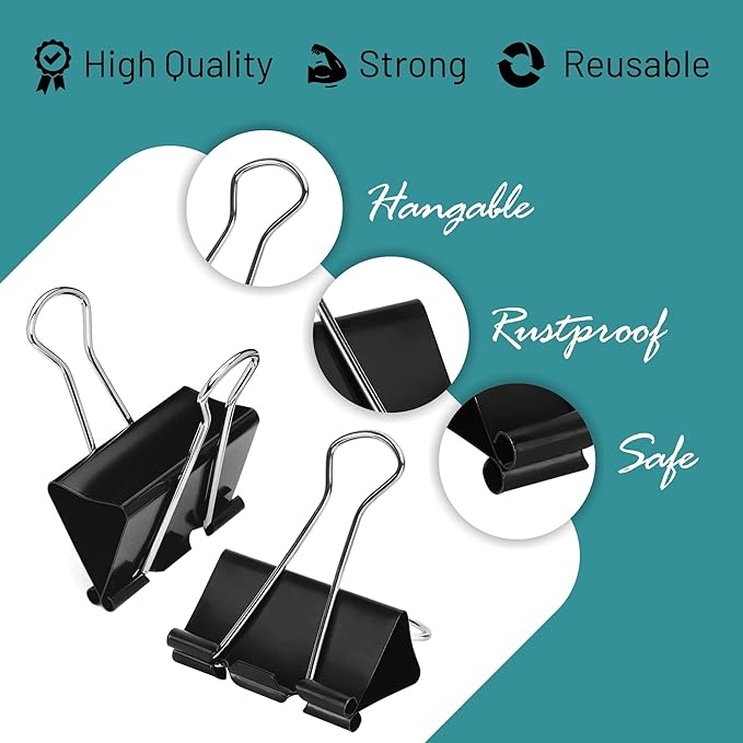 Binder Clips - 48 Mini Black Paper Clamps, 0.6 Inch, Holds 30 Pages, File Clip for Home, Office and School Supplies