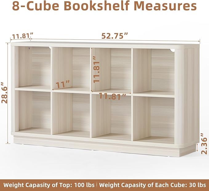8 Cube Storage Bookcase, 52" Long Horizontal Book Shelf w/Curved Edge, Wooden Floor Standing 2-Tier Cubby Console Bookshelf with Base, Modern Low TV Stand for Living Room, White Cream Oak