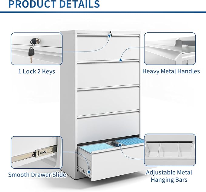 5 Drawer Lateral File Cabinet with Lock, File Cabinets for Home Office Legal/Letter A4 Size, File Cabinet Storage Cabinet, Require Assembly, White