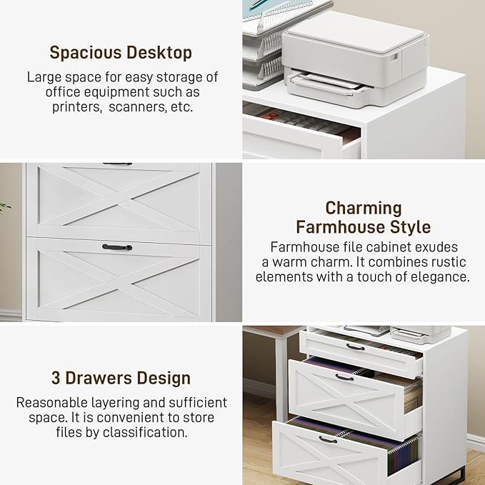Vabches Lateral File Cabinet, Modern Farmhouse File Cabinet with 3 Drawers for Legal/Letter/A4 Size Hanging Files, Printer Stand Large Wood Home Office, Office White