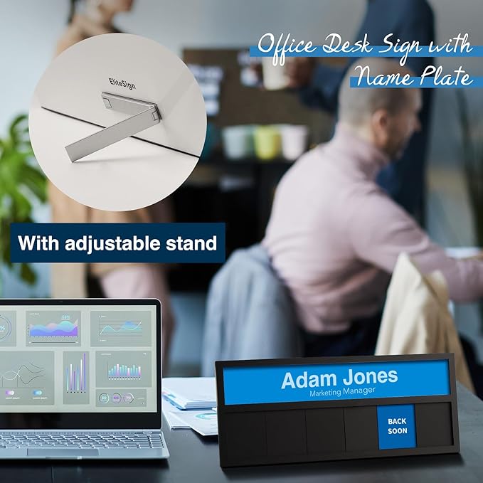 Name Plate for Desk& Office Door Sign, 6 Options Do Not Disturb, In A Meeting, Out of Office, Working Remotely, Please Knock, Stick or Stand with Desk Name Plate, Black no icon