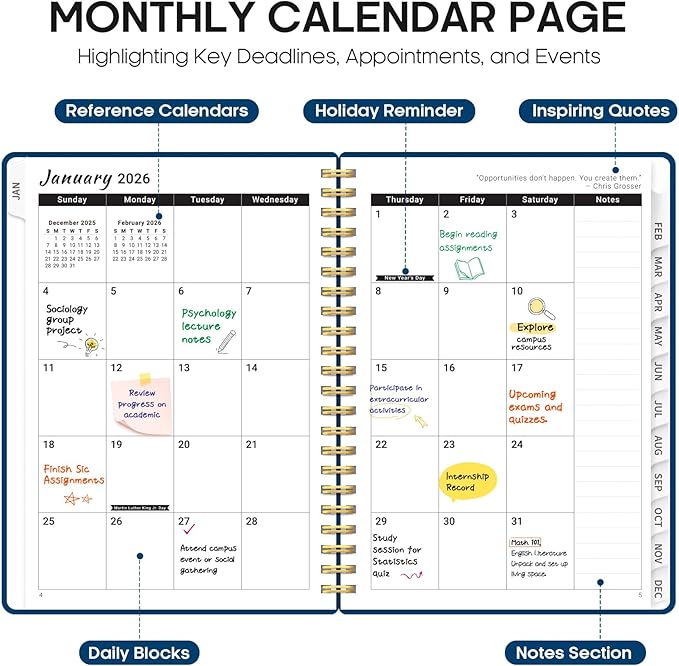 2026 Planner, Weekly and Monthly Calender Planner, Jan 2026 to Dec 2026, Hardcover 2026 Calendar Planner Book with Tabs & Inner Pocket, Office Home School Supplies for Women & Men - A4 (8.5" x 11"), Navy Blue