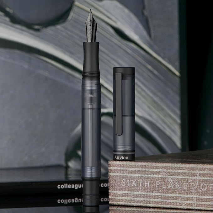 Asvine V200 Titanium Fountain Pen Vacuum Filling, Matte Black Bock Extra Fine Nib Clear Demonstrator Acrylic with Pen Case and Wrench