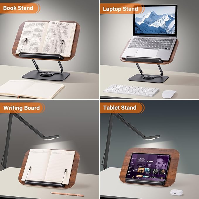 Book Stand for Reading, Adjustable Book Holder with 360° Rotating Base & Elastic Page Clips, Foldable Cookbook Stand for Office, Kitchen, School Textbook, Recipe, Magazine,Tablet