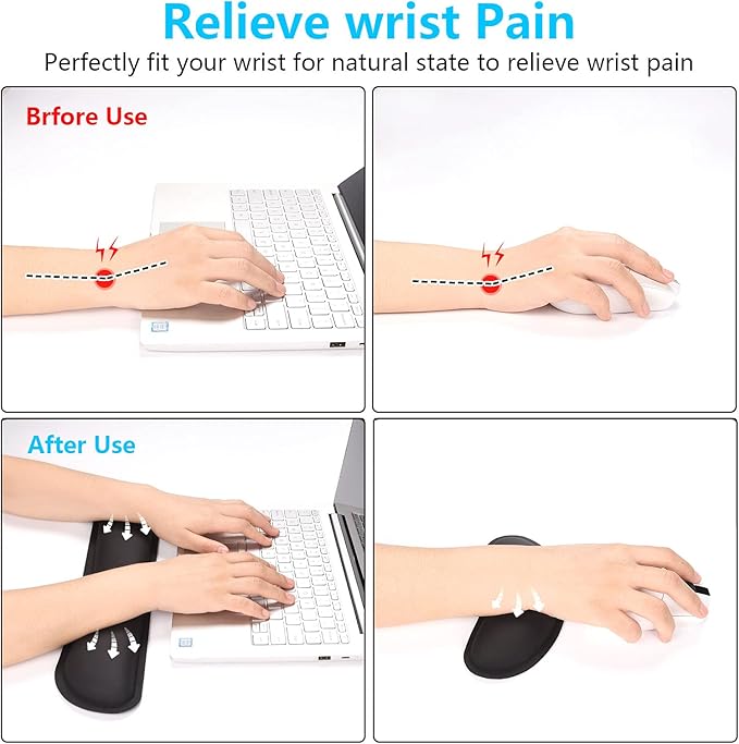 Dapesuom Keyboard Wrist Rest Set, Cute PU Leather Wrist Cushion for Computer Keyboard and Mousepad, Memory Foam Mouse Pad Rests Support with Non-Slip Base for Typing Pain Relief, Laptop, Black
