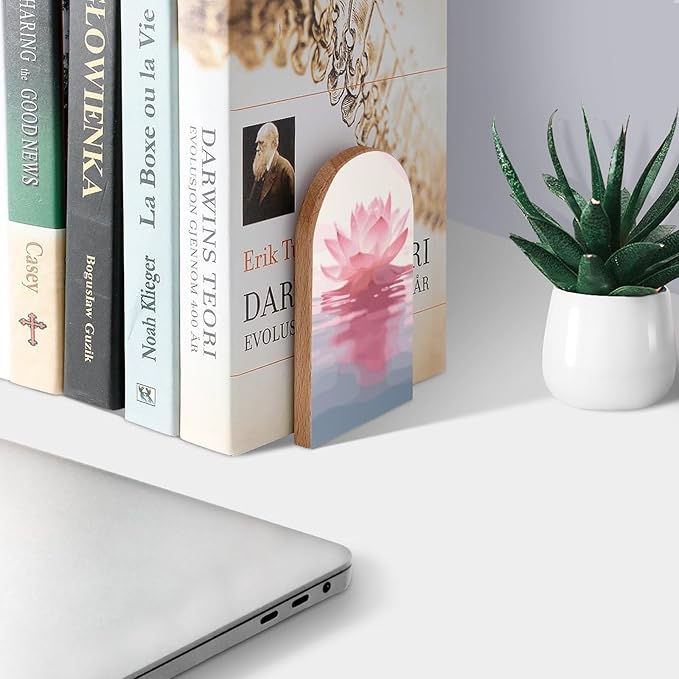 Beautiful Pink Lotus Book Ends Decorative Wood Bookends for Shelves Kids Room Desk Home Office Book Stoppers for Magazines,Books, DVDs, 1 Pair/2 Pieces(5x3.1 in)