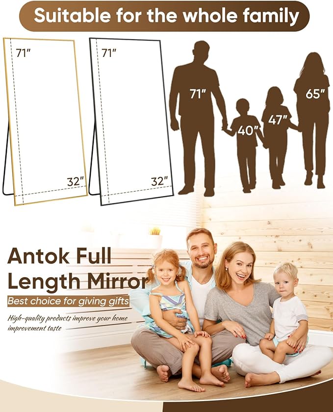 Antok Full Length Mirror, 71"x32" Floor Mirror, Floor Standing Freestanding Full Body Mirror with Stand for Bedroom, Hanging Mounted for Living Room Cloakroom, Black