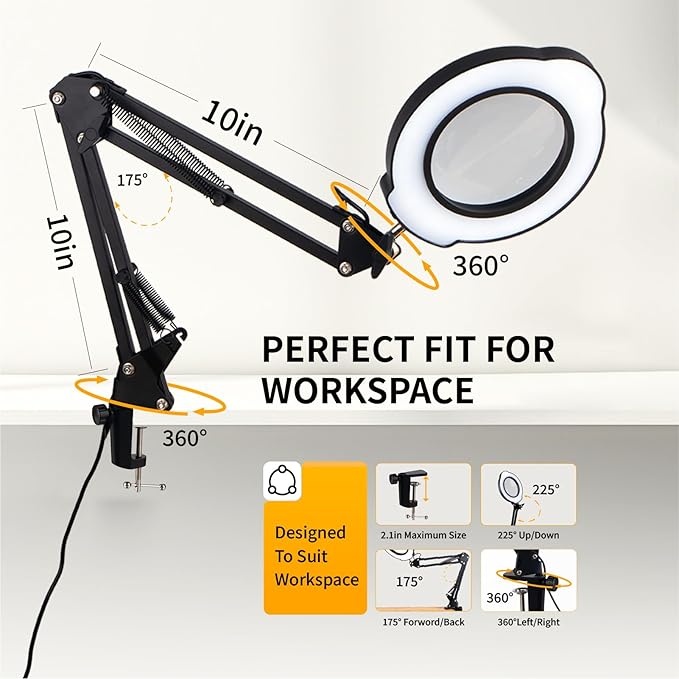 12X Magnifying Glass with Light and Clamp, 84 LEDs 5 Color Modes Stepless Dimmable LED Desk Lamp, Desk Magnifying Glass with Light for Crafts Reading Painting Sewing Repair Close Work