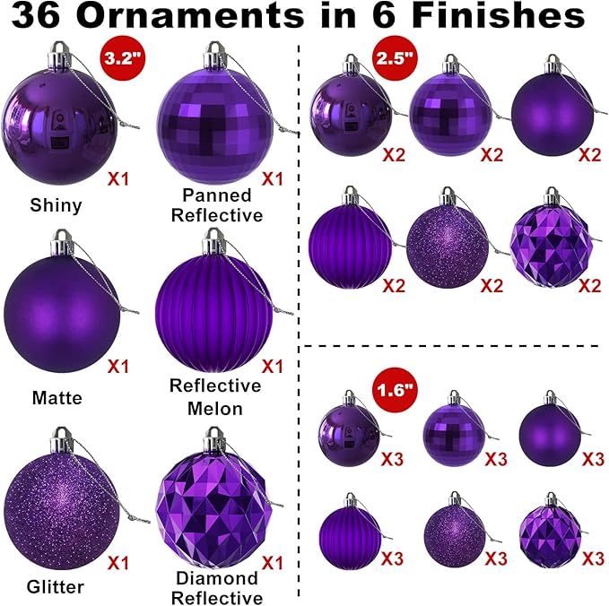 Purple Christmas Ornaments - Christmas Tree Decorations Shatterproof Hanging Balls for Birthday Wedding Holiday Decor Set of 36pcs, Multi-Sizes(1.6",2.5",3.2")