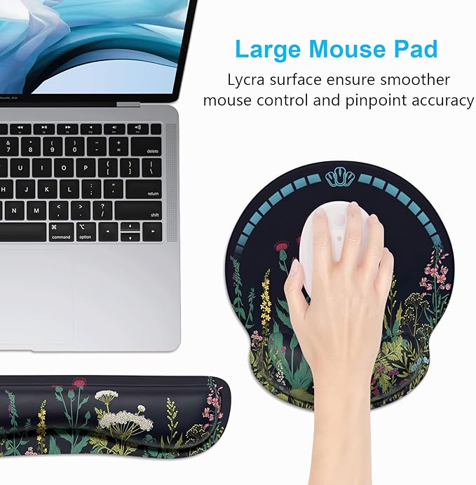 Dapesuom Keyboard Wrist Rest and Mouse Pad with Wrist Support, Cute Memory Foam Cushion for Keyboard and Mouse Set, Ergonomic Pad Rests with Non Slip Base for Easy Typing & Pain Relief, Elegant Flower
