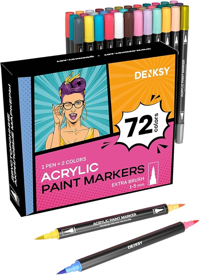Acrylic paint pens create art – Dual Brush Tip Acrylic Markers Set, Waterproof Quick-Drying Ink for Rock Painting, Glass, Wood, Fabric (72)