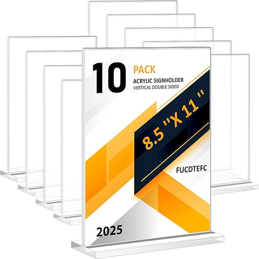 8.5x11 Acrylic Sign Holder 10 Pack, Vertical Double-Sided Display Stand, Clear Sign Holder Plastic Paper Flyer Holder Sign Holders 8.5x11 inches for Restaurants, Office, Store