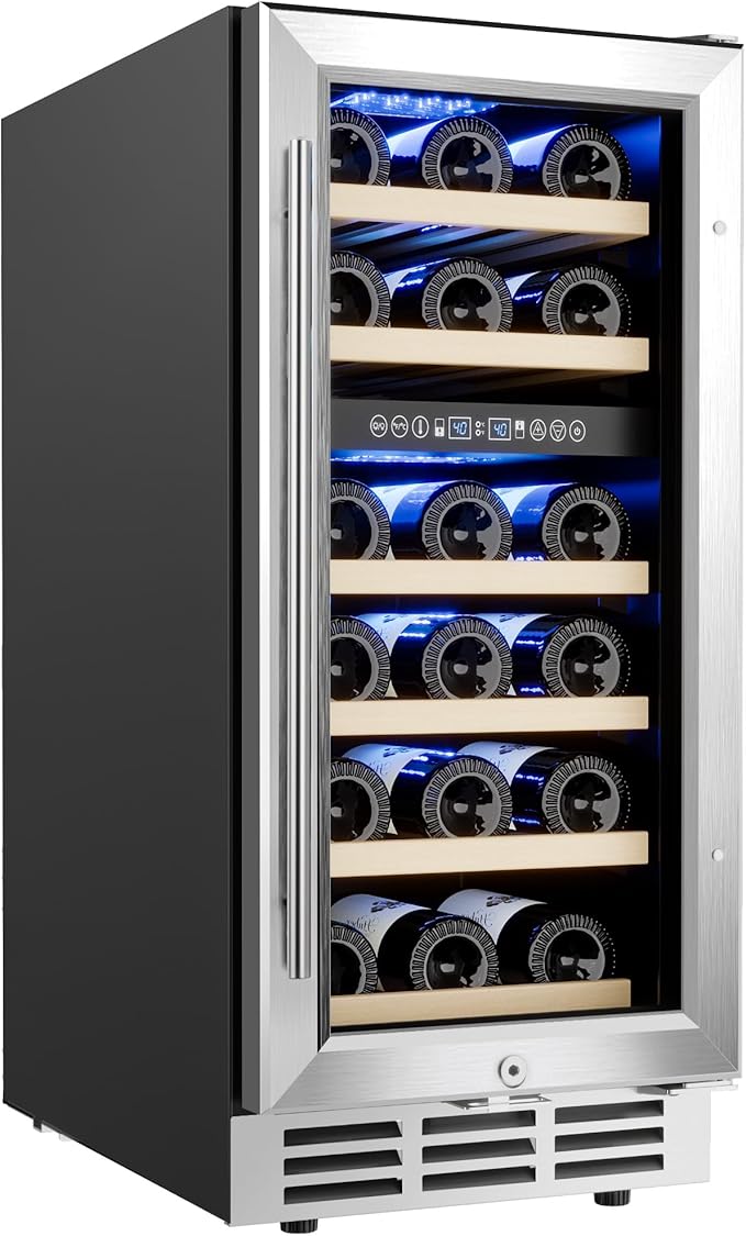 EUHOMY 15 Inch Wine Fridge, Dual Zone Wine Chiller with Digital Temperature Control, Wine Cooler Upgraded Compressor Fits Low Noise, Wine Storage with Double-Layer Glass Door, 33 Bottles.