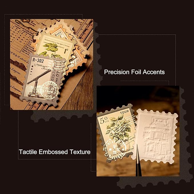 Vintage Stamp Paper Set, 120 PCS Embossed Scrapbook Paper Kit for Journaling, DIY Collage, Card Making, and Art Crafts Supplies