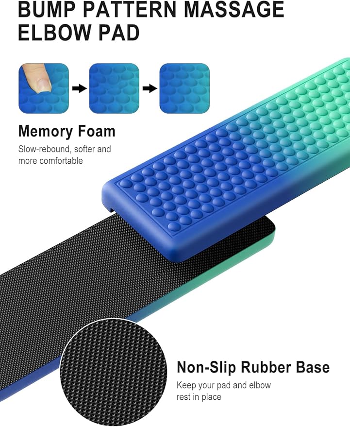 Hsurbtra L-Shaped Desk Elbow Pad, 2-Piece Soft Memory Foam Elbow Support Padding with Non-Slip Rubber Base, Ergonomic Desk Edge Cushion Wrist Rest for Office, Home, Work, Gaming, Blue Green