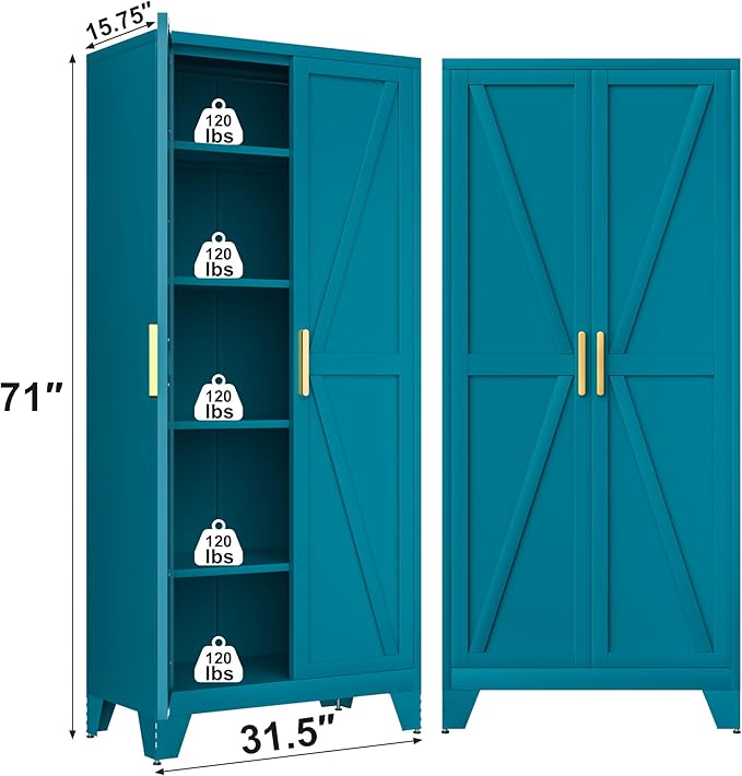 71H Tall Metal Storage Cabinet with 2 Doors and 5 Shelves,Farmhouse Storage Cabinet with Barn Doors,Pantry Storage for Home,Office,Bathroom,Dining Room,Kitchen(Blue)