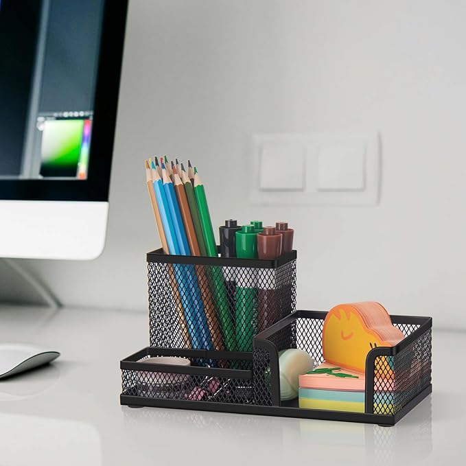 Comix Mesh Pen Pencil Holder Desk Organizer, 3 Compartment Wire Desktop Pen Pencil Cup Caddy Office Supplies Desk Accessories for Home Office School, Black