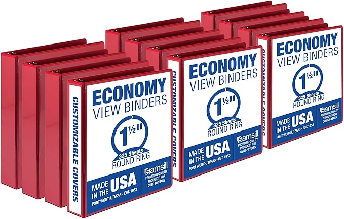 Samsill 1.5 Inch 3 Ring Binders, Made in USA, Economy Round Ring, Clear View Cover, 325 Sheet Capacity - for School, Home, Office - Red, 12 Pack