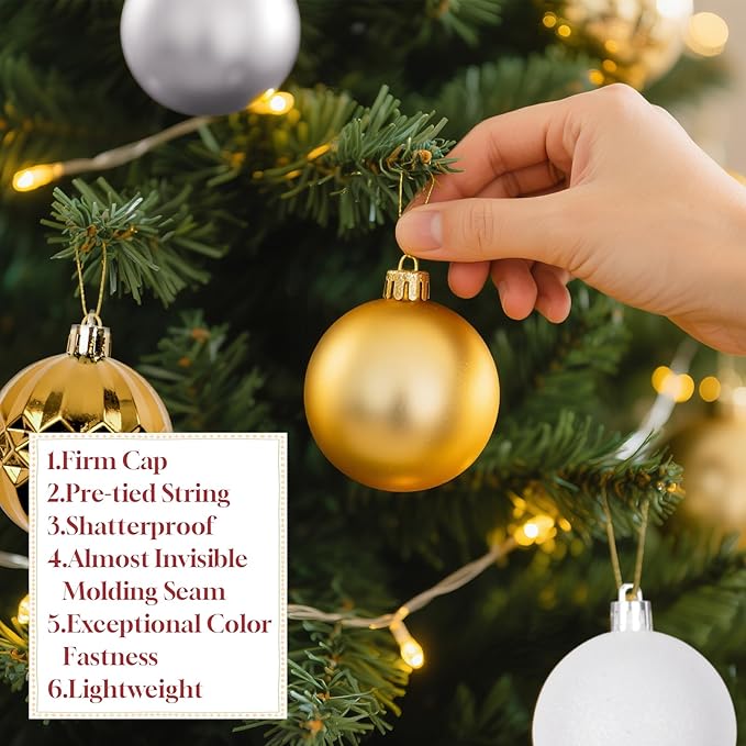 Christmas Tree Decorations Ornament Set, 60ct 2.36 Inches White Sliver and Gold Shatterproof Christmas Ball Ornaments, Hanging Ball for Xmas Holiday Wedding Party Decor