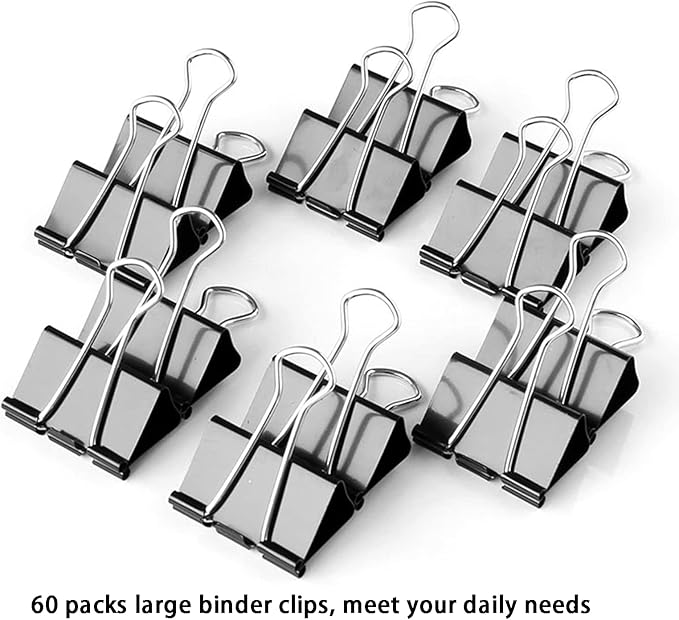 Large Binder Clips 1.6 Inch (60 Pack), Big Binder Clips for Office and Home Supplies, Black