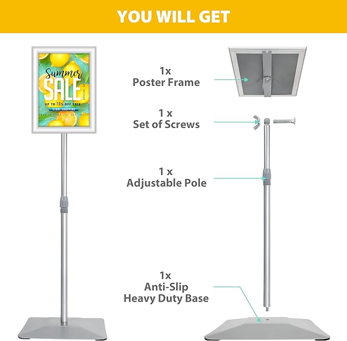 8.5"x11" Pedestal Poster Sign Stand with Heavy Duty Base, Adjustable Sign Holder Standing Floor Sign Stand for Office,Store,School,Church,Public Sign Displayed Stands, Silver