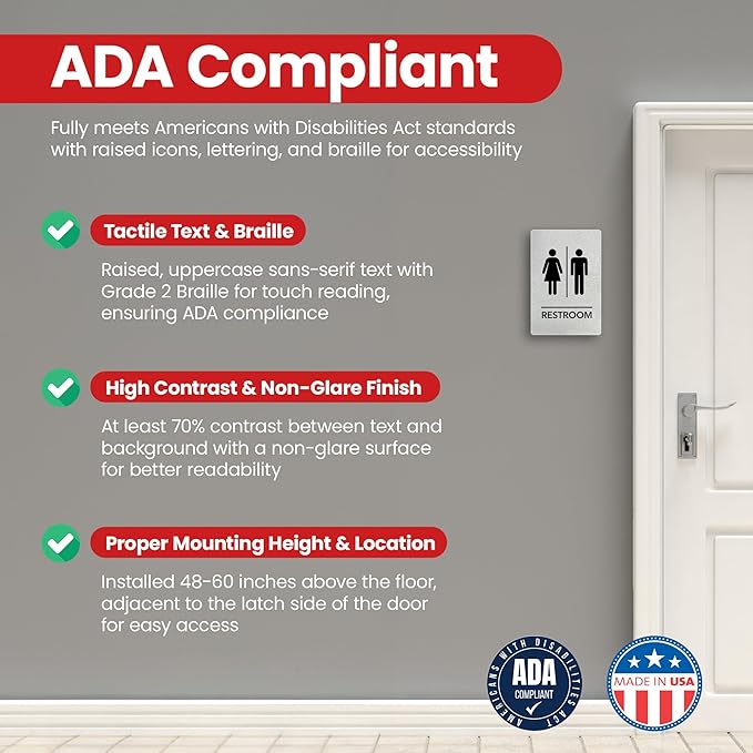 Promot Unisex Bathroom Sign – ADA Braille Restroom Sign for Business, Self-Adhesive, 9" x 6", Commercial Door Signage, Office Wall Decor - Brushed Steel