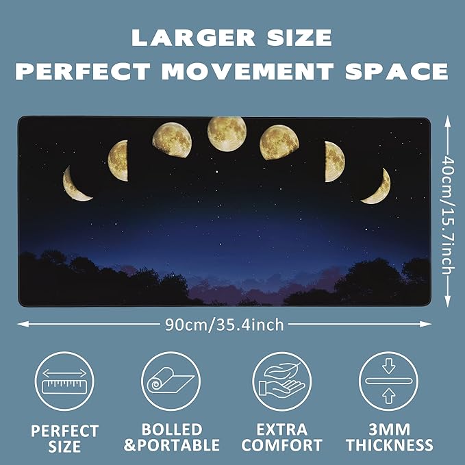 Large Mouse Pad Moon Phase Extended Gaming Mouse Pad Non-Slip Desk Mat with Stitched Edge Laptop Computer Keyboard Mousepad for Office Home 35.4" x 15.7"