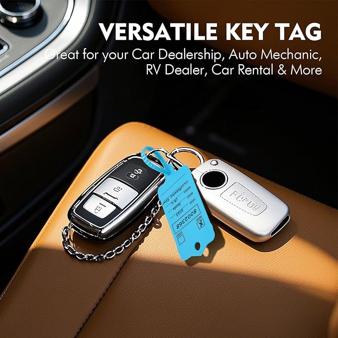 50 Car Key Tags with Labels Plastic Car Dealership Key Tags Self Locking Automotive Identifiers Blank Shop Labels with One Pen (Blue)