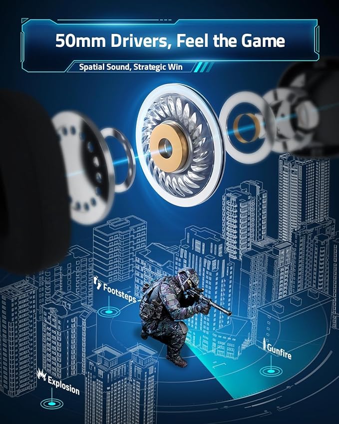 Wireless Gaming Headset for PC, PS5, PS4, Mac, Switch, 2.4GHz USB Dongle Headphones with Mic, Bluetooth 5.4, 50mm Driver, Stereo Sound, Cool Lighting, 50H Battery-Black/Green