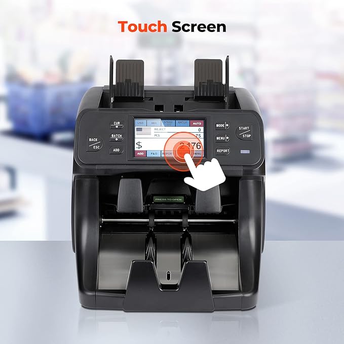 MUNBYN 2-Pocket Money Counter Machine Mixed Denomination, Money Sorter, Built-in Printer, Sort on DENOM/FACE/ORI, Value Counting, 2 CIS/UV/MG/IR Counterfeit Detection, Touch Screen, 2Y Protection