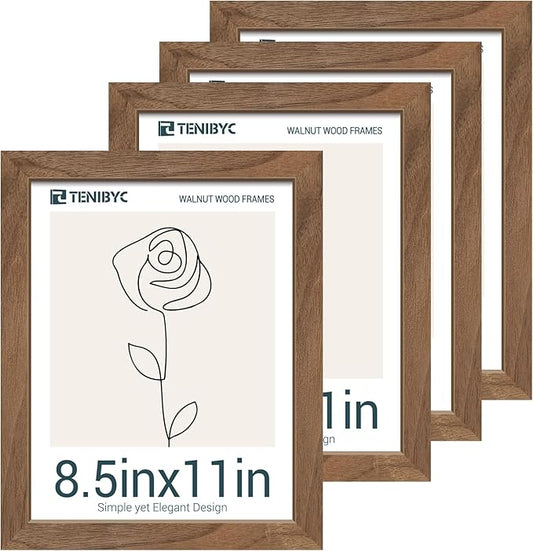 8.5 by 11 Picture Frame Brown - 4 Pack, Walnut Wood Grain, HD Tempered Glass, Suitable for Certificate Document, Wall or Tabletop Photo Frame