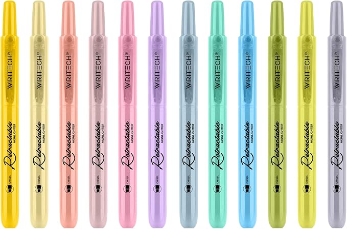 WRITECH Retractable Bible Highlighters Assorted: Pastel Colors No Bleed Aesthetic Marker Pen Chisel Tip, 12 Pack