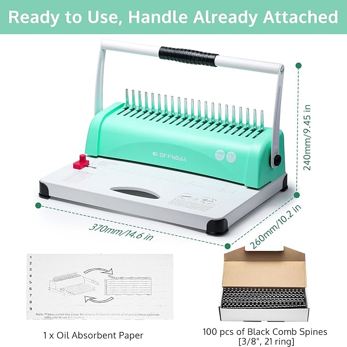 OFFNOVA Binding Machine, 21-Hole 450 Sheets Paper Comb Binding Machine for Letter Size / A4 / A5 Paper, Easy to Punch Handle, Adjustable Margin, Book Binder with 100 PCS 3/8'' Comb Binding Spines