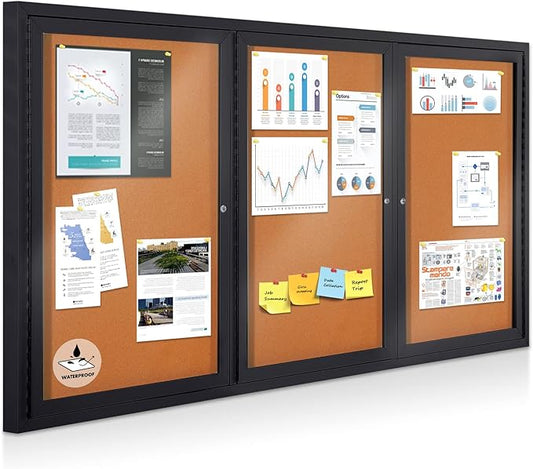 Enclosed Bulletin Board Outdoor Noticeboard with Locking Door, Weather-Resistant, Cork, Black Aluminum Frame, 70 x 36 in