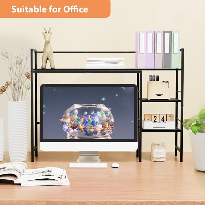 Desk Shelf, 38.5 Inch Desk Hutch for Computer Monitor, Computer Desktop Bookshelf Storage Rack Adjustable Desk Hutch Top Only, 3 Tier Desktop Organizer Shelf for Office Home Dorm, Black