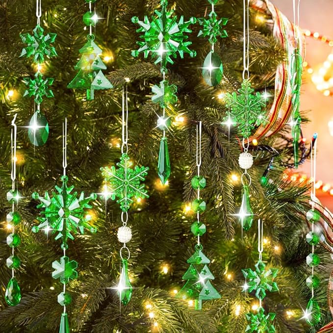 Lanpn 26 Pcs Christmas Ornaments Crystal Christmas Tree Decoration, Hanging Clear Acrylic Snowflake Icicle Drop Pendants for Xmas Winter Outdoor Indoor Party Decoration Green