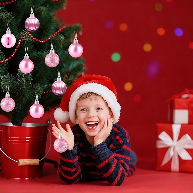 Set of 24 Mini Pink Ornaments for Mini Tree, Small Pink Christmas Ornaments Balls for Christmas Tree, 1.2 inch Tiny Plastic Shatterproof Hanging Bulbs Xmas Valentine Party Indoor Outdoor Decorations