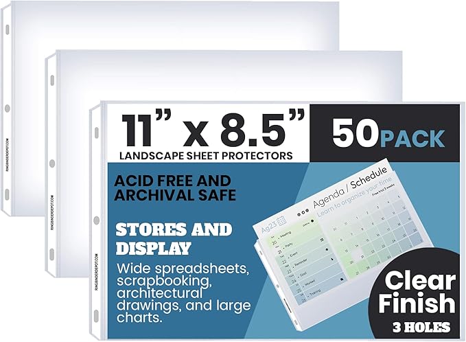 Performore 50 Sheet Protectors, Landscape Clear Sheet Protectors 8.5 X 11 Inch for 3 Ring Binder, Plastic Sheet Sleeves, Top Loading with 3 Hole-Punched Archival Safe, Non-Stick and Long-Lasting