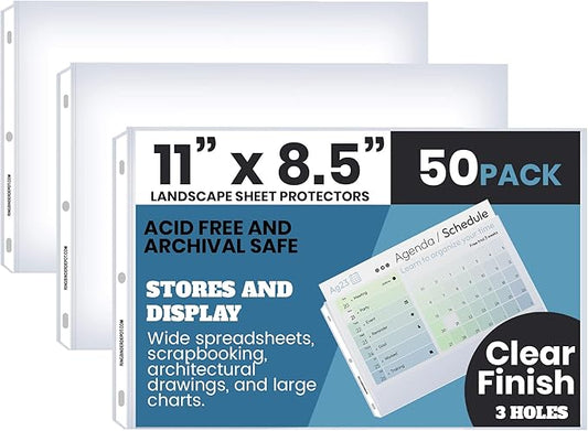 Performore 50 Sheet Protectors, Landscape Clear Sheet Protectors 8.5 X 11 Inch for 3 Ring Binder, Plastic Sheet Sleeves, Top Loading with 3 Hole-Punched Archival Safe, Non-Stick and Long-Lasting