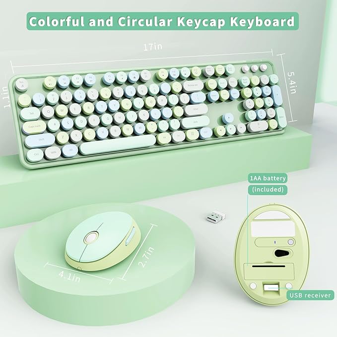 Wireless Keyboard and Mouse Combo, Ergonomic Full Size Typewriter Retro Round Keycaps Keyboard, Compatible with Windows, PC, Perfer for Home and Office Keyboards (Green
