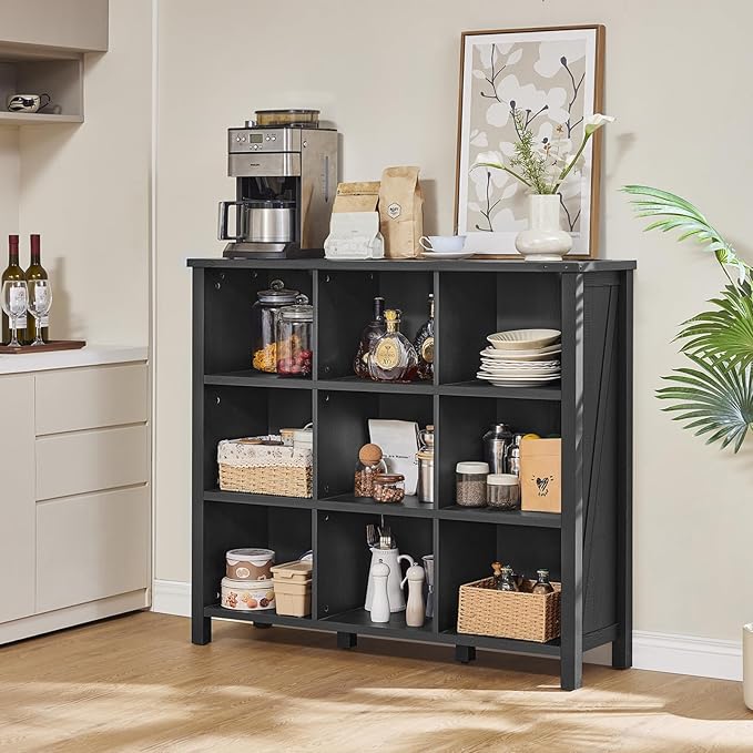 9 Cube Bookcase, Farmhouse 47 Inch Wide Black Bookshelf, Wooden 3 Tier Display Large Open Book Shelf, Vintage Horizontal Book Case for Home Office, Cubby Storage Cabinet for Living Room