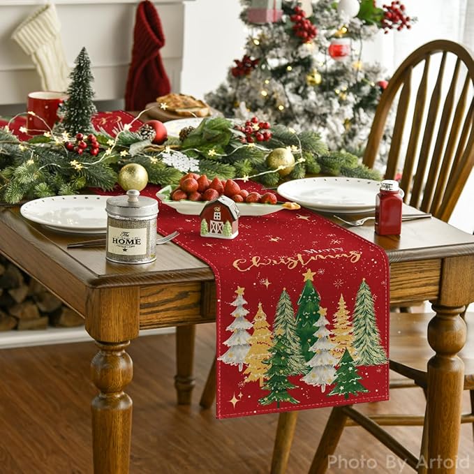 Artoid Mode Xmas Trees Merry Christmas Table Runner, Seasonal Winter Red Kitchen Dining Table Decoration for Home Party Decor 13x108 Inch