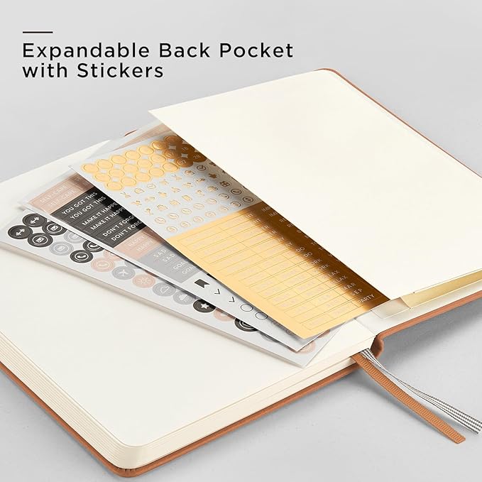 &And Per Se Dotted Journal Notebook, A5 Hardcover Leather Bullet Dotted Journal, 160 Pages 100 gsm Thick Paper, 3 Sheets of Stickers Included- 5.7'' x 8'' (Light Brown)