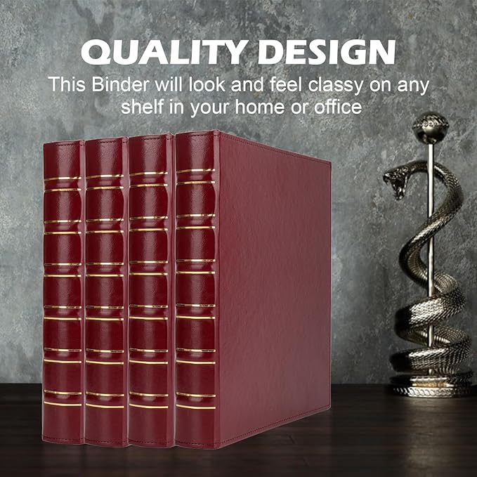 Vintage Hardback 3 Ring Binder 1 Inch, Professional Leather Binder 3 Ring, Three Ring Binders Fits 8.5" x 11", D Ring Binders for Photo Album, Home, School and Office Supplies- Dark Red