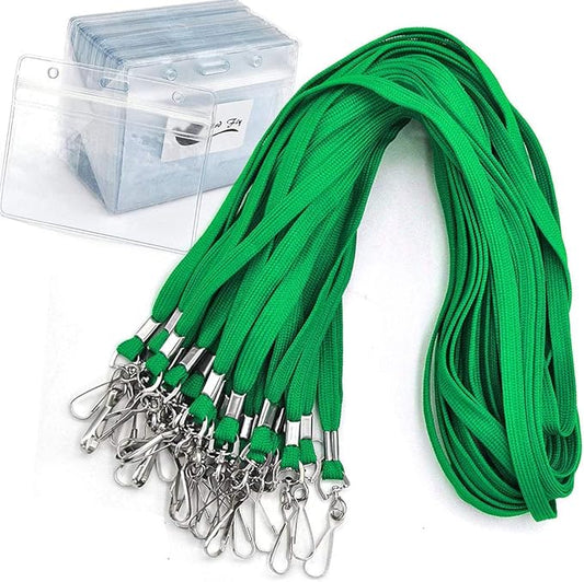 Name Tags Green Lanyards/Badge Holder Pairs Woven Round Lanyard & Horizontal Sealable Waterproof Clear Plastic ID Card Lanyards with id Holder Name Badges (Green, 50 Pack)