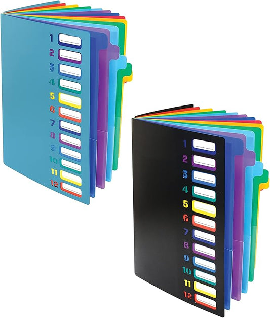 Better Office Products 24 Clear Pocket Expanding File Folder with 12 Colored Tabs, Letter Size, Holds 300 Sheets, Project File Organizer, Numbered Index on Cover,(2 Pack Black & Blue)