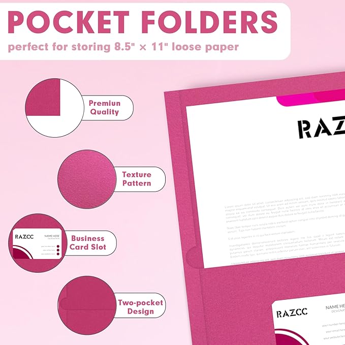 Two Pocket Folders, RAZCC 50 Pack 2 Pocket Folders Fit Letter Size Paper, Paper Folders with Pockets for School Office Business Home, Magenta