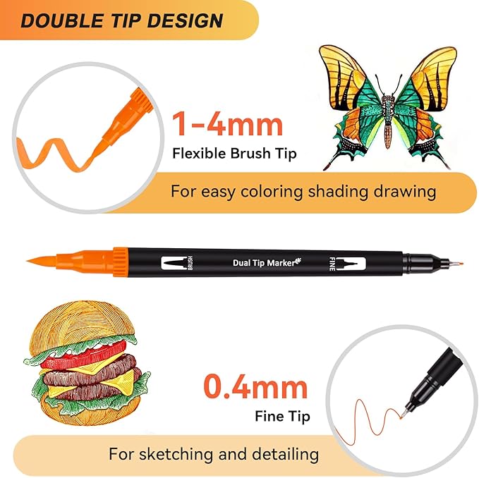 Dual Markers Brush Pens for Adult Kids Coloring Books, 168 Colors Art Marker Set with Fine & Brush Tip Pen for Bullet Journaling, Coloring, Drawing, Hand Lettering, Calligraphy, Art Supplies