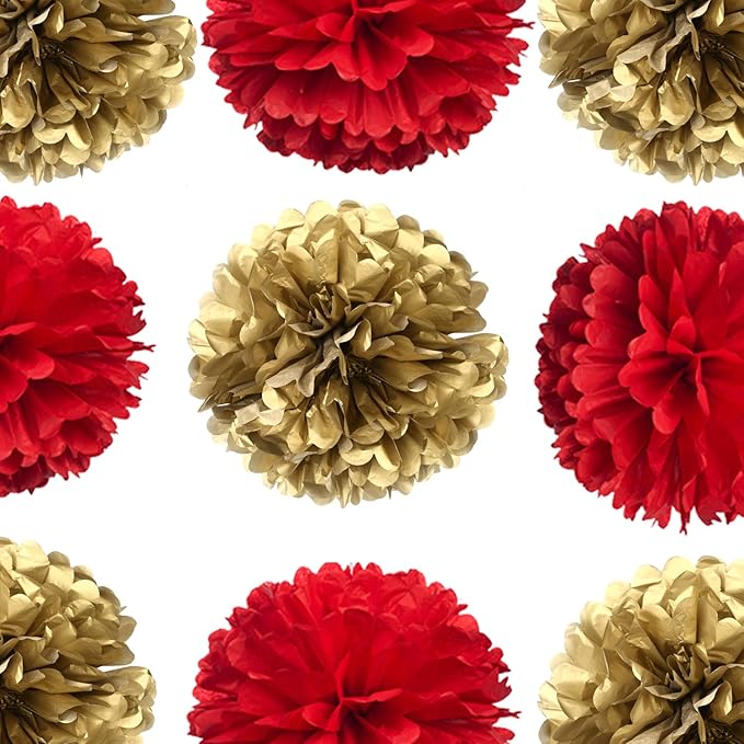 14" Red and Gold Tissue Pom Poms Kit DIY Decorative Paper Flowers Ball for Christmas New Years Eve Party Wedding Baby Shower Graduation Birthday Party Home Outdoor Hanging Decorations, Pack of 10