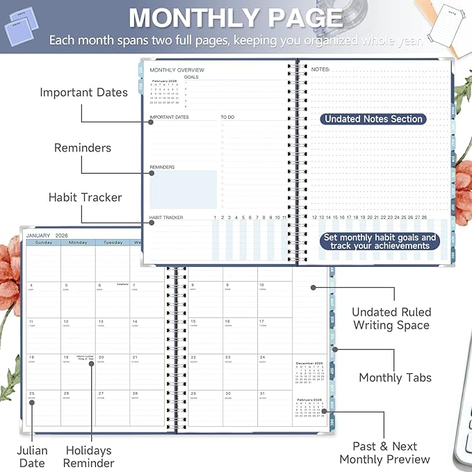 GuassLee Large 2026 Planner, Weekly and Monthly Planner from January 2026-December 2026, 8.5"x 11" Calendar Agenda Book with Back Pocket, Stickers for Home Office School Supplies, Navy Blue